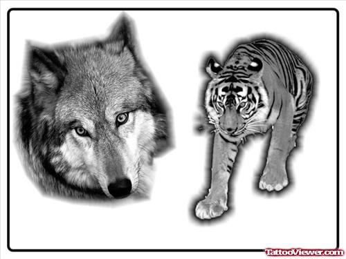Grey Ink Wolf And Tiger Head Tattoos Designs