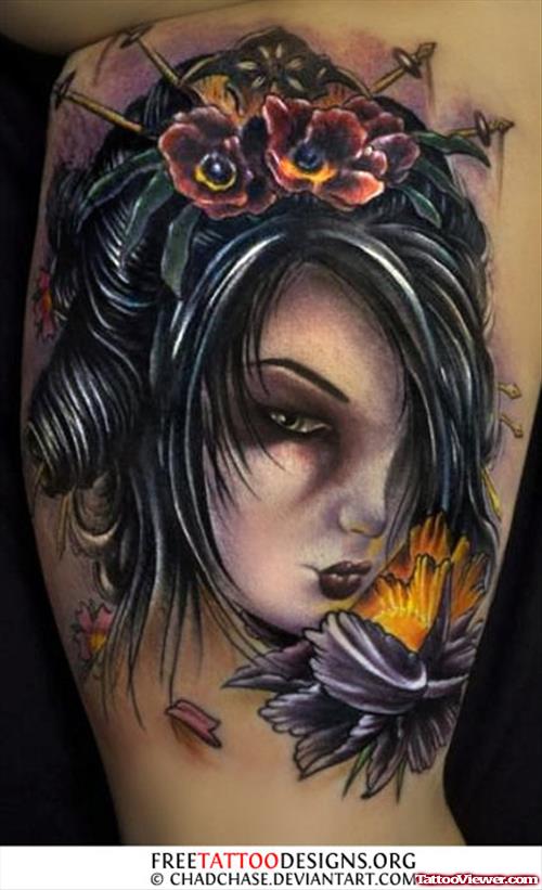 Flowers And Girl Head Tattoo