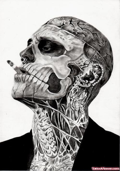 Zombie Skull Face and Head Tattoo