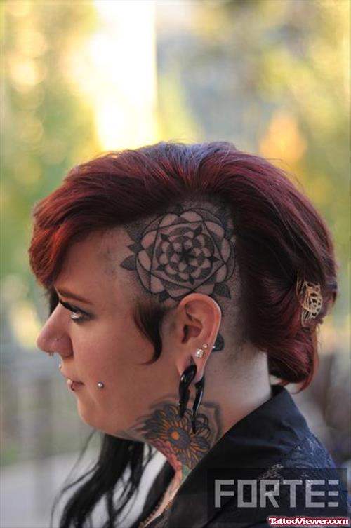 Grey Ink Mandala Flower Head Tattoo For Women
