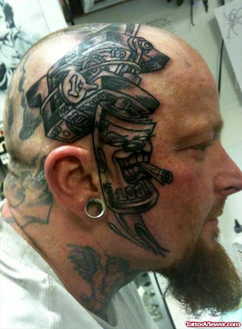 Grey Ink Smoking Tiki Head Tattoo For Men