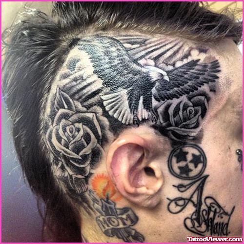 Grey Ink Rose Flowers And Eagle Head Tattoo