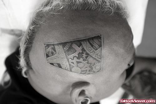 Grey Ink Mechanical Head Tattoo