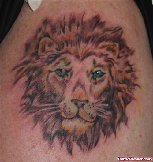 Grey Ink Lion Head Tattoo On Shoulder