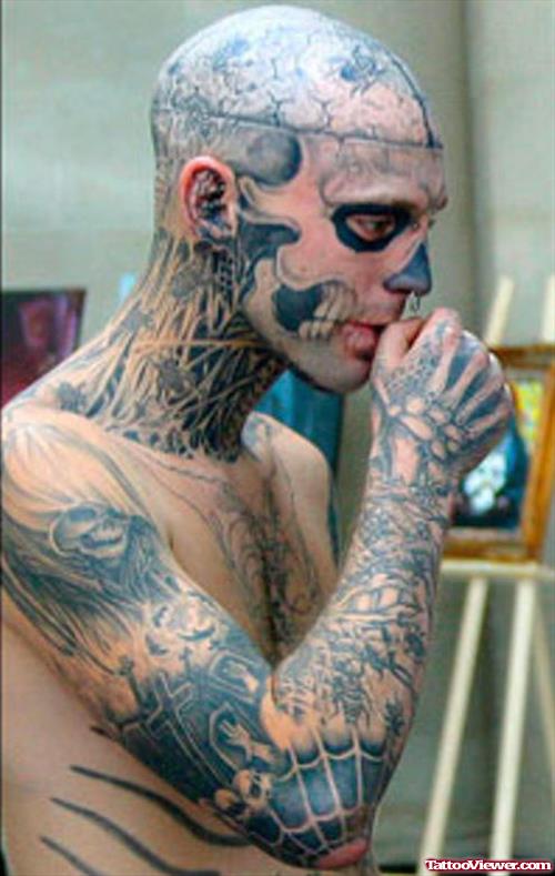 Grey Ink Brain Head Tattoo