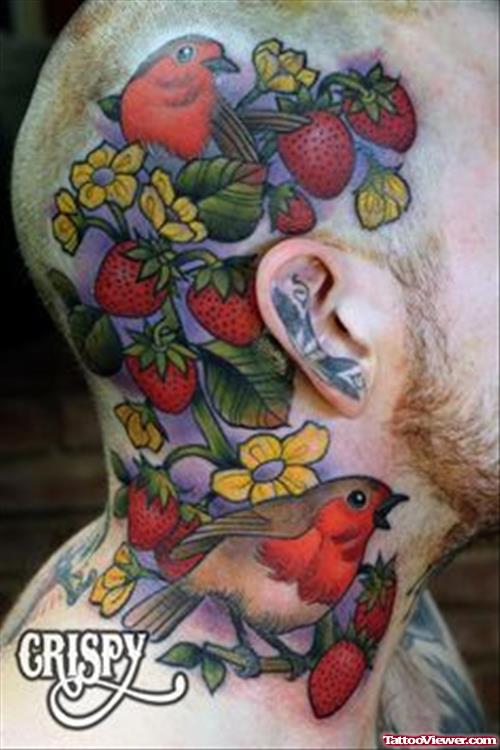 Red Strawberries And Birds Head Tattoo