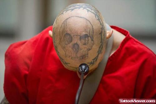 Grey Ink Skull Tattoo On Head