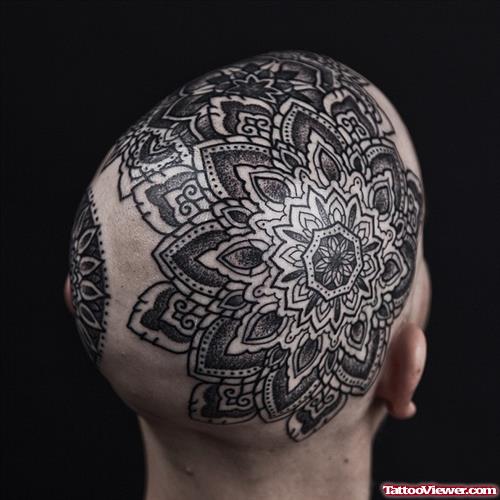 Grey Ink Mandala Flower Head Tattoo