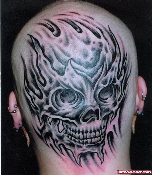 Grey Ink Biomechanical Back Head Tattoo
