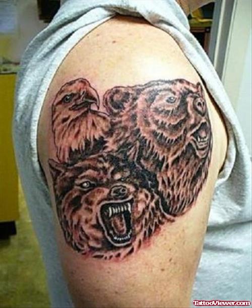 Grey Ink Bear And Wolf Head Tattoos On Right Shoulder