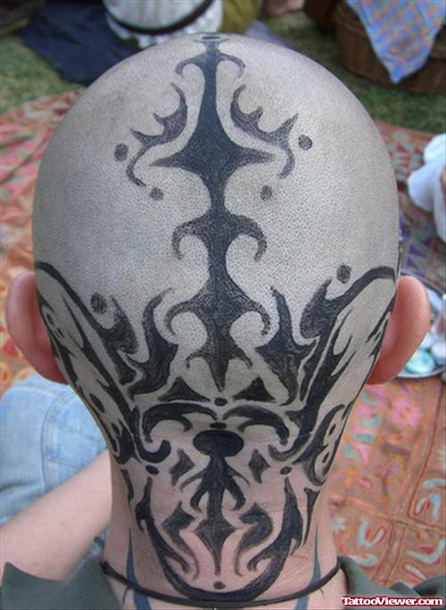 Black Tribal Back Head Tattoo