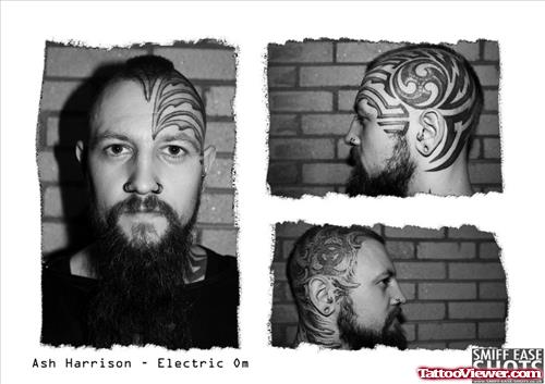 Awesome Black Ink Tribal Head Tattoo For Men