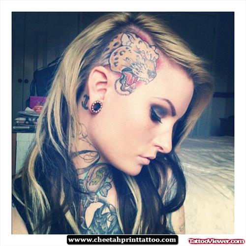 Color Panther Head Tattoo On Girl HEad