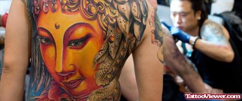 Color Ink Buddha Head Tattoo On Back