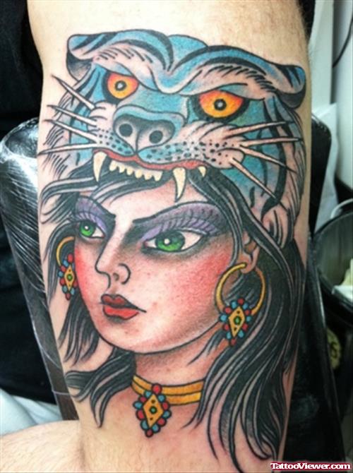 Traditional Panther Girl Head Tattoo On Half Sleeve