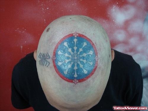 Spider And Buddhist Symbol Head Tattoo