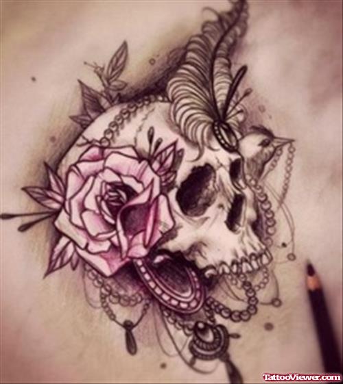 Rose Flower And Head Skull Tattoo