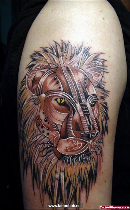 Lion Head Tattoo On Biceps