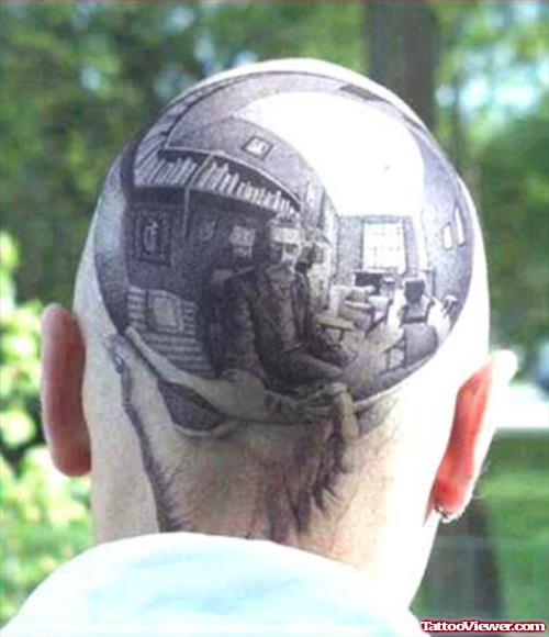 Grey Ink Illusion Head Tattoo For Men