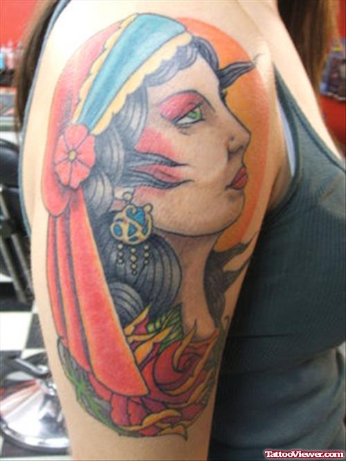 Color Ink Gypsy Head Tattoo On Right Half Sleeve