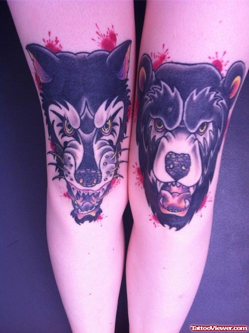 Black Ink wolf And Bear Head Tattoos on Both Legs