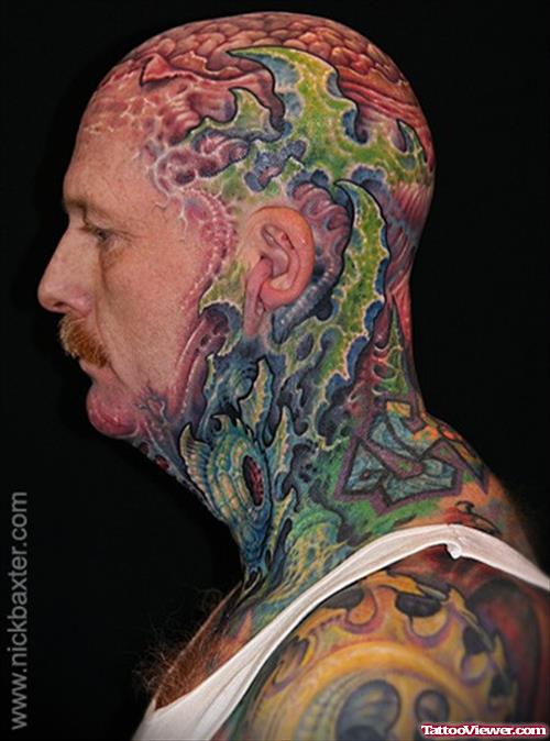 Awseome Color Ink Biomechanical Head Tattoo