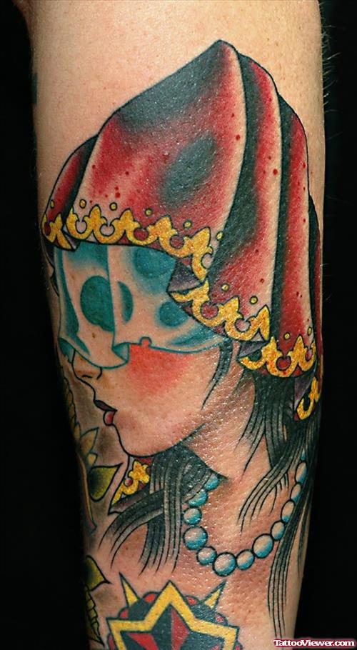 Awesome Colored Gypsy Head Tattoo