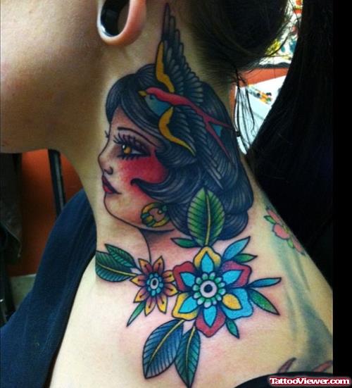 Awesome Blue Flower And Girl Head Tattoo on Neck
