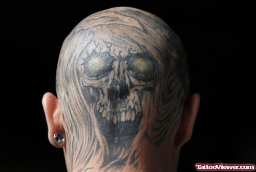 Attractive Grey Ink Skull Back Head Tattoo