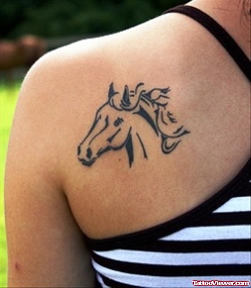 Black Ink Horse Head Tattoo On Left Back Shoulder