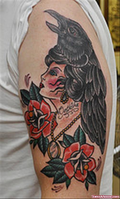 Red Flowers And Girl Head Tattoo On Half Sleeve
