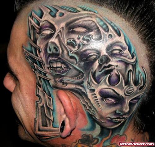 Grey Ink Fantasy Head Tattoo For Men