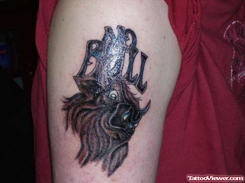 Black Ink Bull Head Tattoo On Right Half Sleeve