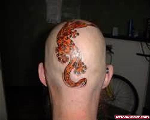 Coloured Lizard Tattoo On Head