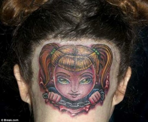 Ripped Skin Zombie Girl Head Tattoo On Back Head