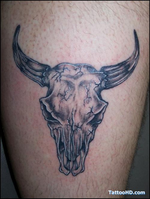 Grey Ink Bull Skull Head Tattoo