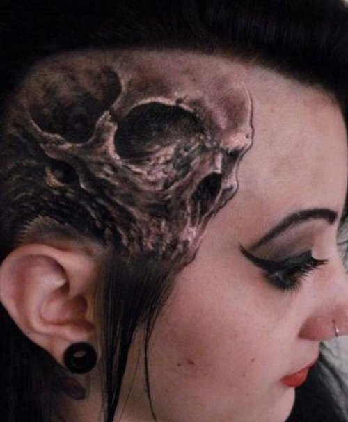 Grey Ink 3D Skull Head Tattoo For Girls