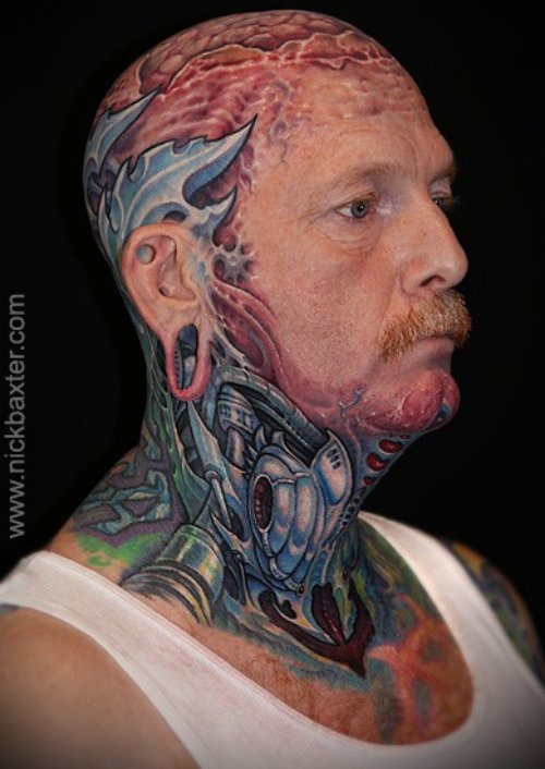 Colored Biomechanical Head Tattoo