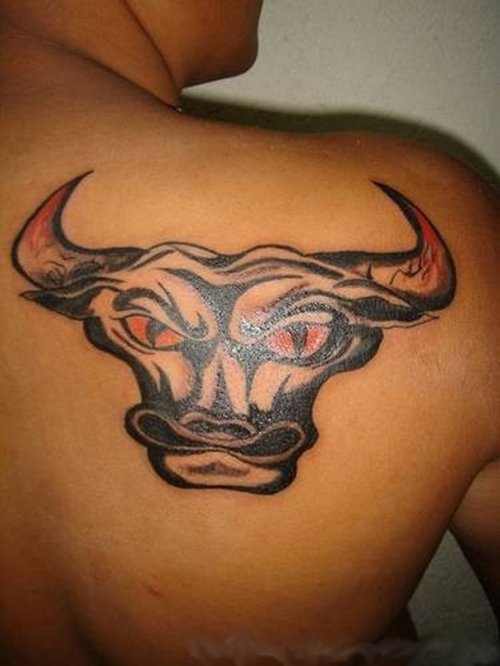 Amazing Tribal Bull Head Tattoo On Right BAck Shoulder