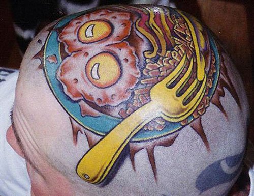 Fork And Eggs In Plate Head Tattoo