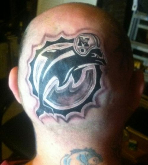 Black Ink Dolphin Back Head Tattoo