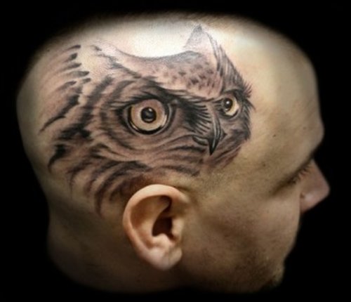 Grey Ink Owl Head Tattoo For Men