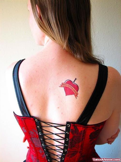 Red Heart Tattoo On Girl Back Shoulder