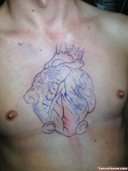 Outline Human Heart Tattoo On Man Chest