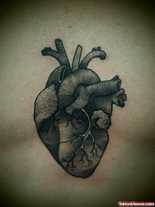 Grey Ink Human Heart Tattoo On Chest