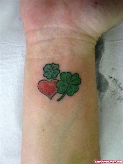 Clover Leaf and Heart Tattoo On Wrist