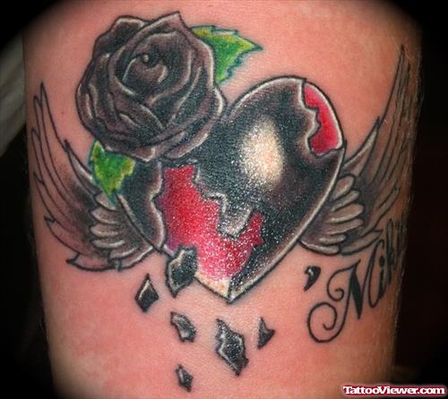 Black Rose And Winged Heart Tattoo
