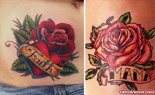 Red Rose and Banner Tattoos On Hip