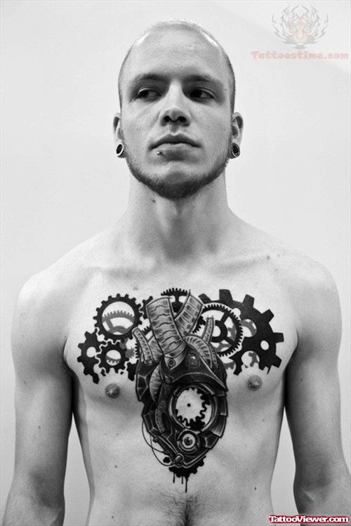 Mechanical Heart Tattoo On Men Chest