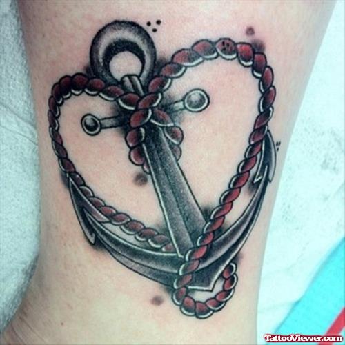 Grey Ink Anchor And Heart Tattoo